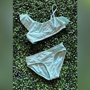 Girls Light Blue Eyelet Lace 2 piece Bathing Suit